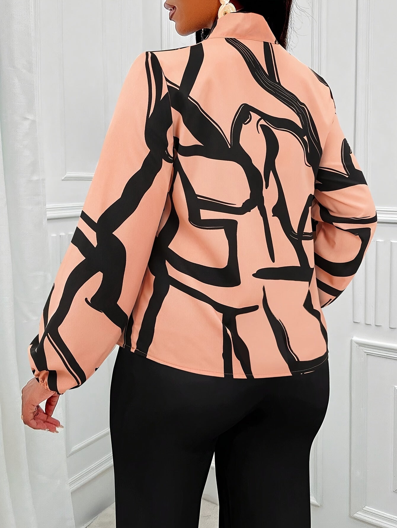 1pc Elegant Tie Neck Printed Shirting Blouse for Women - Polyester Woven Regular Length Top, Perfect for Spring/Summer/Fall - Adult Fashion